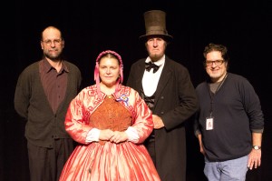 Max and Donna Daniel, portraying the President and Mrs. Lincoln, pose for a photograph with History Department faculty Paul Hillmer and David Woodard at Concordia University-St. Paul on Nov. 19, 2013, commemorating the 150th Anniversary of Lincoln's historic Gettysburg Address. (Photo by Jeffrey Williams/Minnesota Civil War Commemoration Task Force)