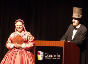 Max and Donna Daniels, portraying President and Mrs. Lincoln give their presentation at Concordia University-St. Paul on Nov. 19 for the 150th Anniversary of Lincoln's Gettysburg Address in an event sponsored by the Minnesota Civil War Commemoration Task Force. (Photo by Jeffrey Williams/Minnesota Civil War Commemoration Task Force)