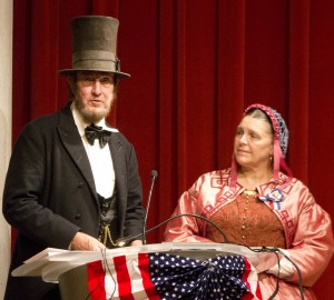 Max and Donna Daniels, portraying President and Mrs. Lincoln give their presentation at the Minneapolis Public Library on Nov. 19 for the 150th Anniversary of Lincoln's Gettysburg Address in an event sponsored by the Minnesota Civil War Commemoration Task Force. They were preceded by an hour-long presentation by John D. Cox, a Gettysburg Licensed Battlefield Guide and author of Gettysburg: A History for the People. (Photo by Jeffrey Williams/Minnesota Civil War Commemoration Task Force)